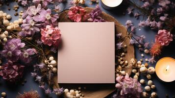 Paper card with candle and floral decor banner background copy space. Aromatic flowers and pa image backdrop empty. Feminine ornament concept composition top view, copyspace photo