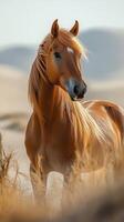Majestic golden horse standing gracefully in a serene desert landscape during golden hour photo