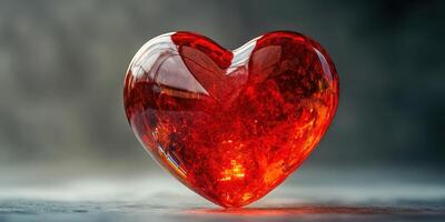 Red heart shaped crystal resting on a surface with a soft glow in the background during evening light photo