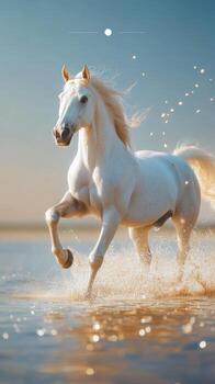 blanco caballo galopa mediante superficial agua a puesta de sol creando salpicaduras y reflexiones en un sereno paisaje foto