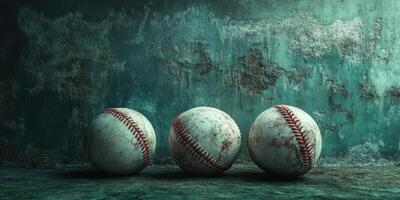 Three vintage baseballs resting on a weathered surface against a textured green wall photo
