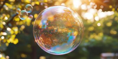 Bubbles reflecting nature during golden hour in a serene garden setting photo