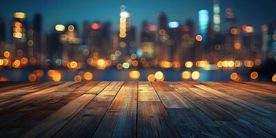 A wooden table overlooking a city skyline illuminated by evening lights and blurred bokeh effects during twilight hours photo