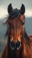 Majestic brown horse with flowing mane stands against a moody landscape at dusk capturing the beauty of nature and wildlife photo