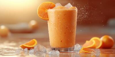 Refreshing orange smoothie served with ice and garnished with fresh orange slices in a warm setting photo