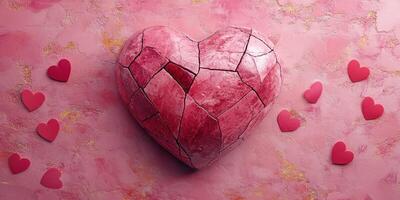 Broken heart decoration with smaller hearts surrounding it on a pink textured background photo