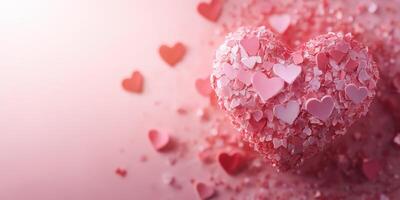 Colorful heart made of small pink and red hearts scattered on a soft pink background photo