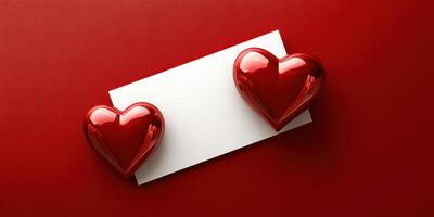 Two red hearts and a blank card on a solid red background create a romantic setting ideal for expressing affection photo