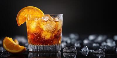 Refreshing cocktail with orange slice and ice on dark surface with scattered ice cubes photo