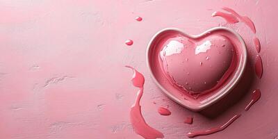 Heart-shaped dish with pink liquid on a soft pink background creates a romantic atmosphere for special occasions photo