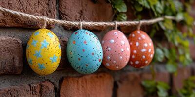 Vibrant hand-painted Easter eggs decorated with colorful patterns hanging on a rustic brick wall with ivy in a sunny spring setting photo