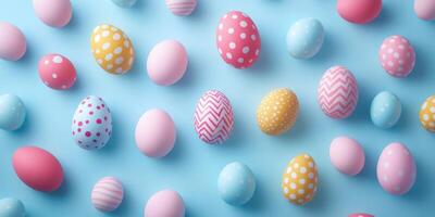 Colorful Easter eggs scattered on a blue background create a festive atmosphere for spring celebrations photo