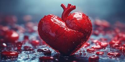 Heart-shaped sculpture surrounded by red liquid droplets creates a striking visual concept of love and passion photo