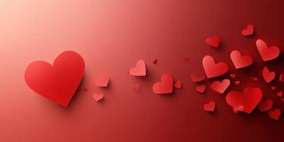 Heart-shaped decorations scattered across a gradient red background for a romantic celebration or event photo