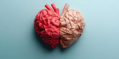 Creative representation of a heart and brain symbolizing emotion and intellect in vibrant colors photo