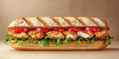 Crispy chicken sandwich with fresh lettuce and tomatoes served in a toasted sub bun photo