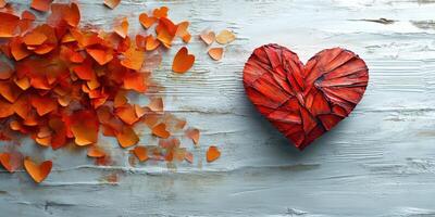 Colorful paper hearts arranged around a textured wooden heart on a light background for a romantic theme photo