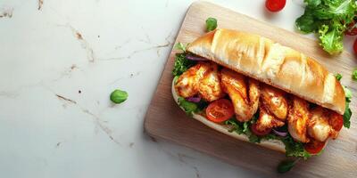 Fresh chicken sandwich with vegetables on a wooden board ready to be enjoyed in a cozy dining space photo