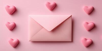 Pink envelope surrounded by heart-shaped decorations on a pastel background for romantic occasions photo
