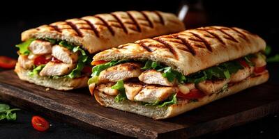 Grilled chicken sandwiches with fresh vegetables served on a wooden board in a dimly lit setting photo