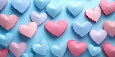 Colorful paper hearts arranged on a blue background for festive decoration or craft ideas during celebrations photo