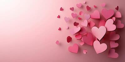 Colorful collection of paper hearts floating against a soft pink background during a cheerful celebration of love photo