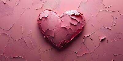 Heart shape made of chipped paint on a textured pink background symbolizes love and emotion in artistic expression photo