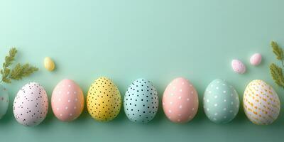 Colorful Easter eggs arranged on a pastel green background with decorative elements for spring celebrations photo