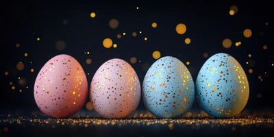 Beautifully decorated pastel eggs with golden speckles arranged on a dark background during Easter celebration photo
