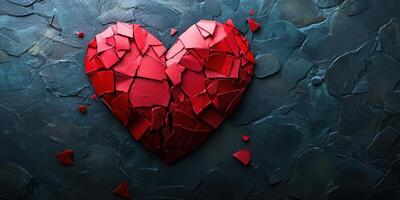 Artistic heart made of red broken pieces on a textured gray background symbolizes love and fragility in a creative display photo