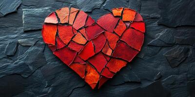 Broken heart design created with red pieces on a dark slate background showcasing creativity and emotions in artwork photo
