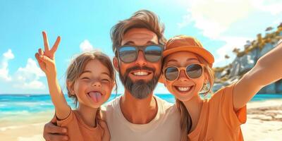 Family enjoying a sunny beach day with smiles and playful poses while soaking up the warm sun photo