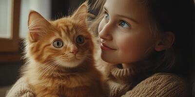 Girl joyfully holds a fluffy orange cat while gazing at it by a window in a cozy indoor setting photo