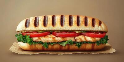 Delicious sandwich with grilled chicken, lettuce, and fresh tomatoes in a toasted bun served on a neutral backdrop photo