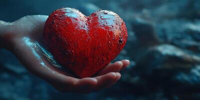 Heart held gently in a hand amidst a serene, natural setting, reflecting love and emotion in a captivating moment photo