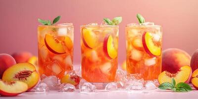 Refreshing summer peach drinks served in clear glasses with ice and mint leaves at a bright, inviting setting photo