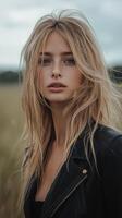 Young woman with long hair stands confidently in a grassy field under an overcast sky photo