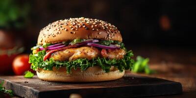Delicious sesame seed burger with grilled chicken, fresh vegetables, and vibrant toppings served on a wooden board photo