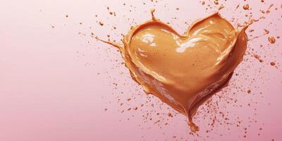 Splashes of creamy brown liquid forming a heart shape against a soft pink background photo
