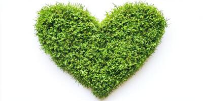 Heart-shaped green grass symbolizing love for nature displayed on a white background photo