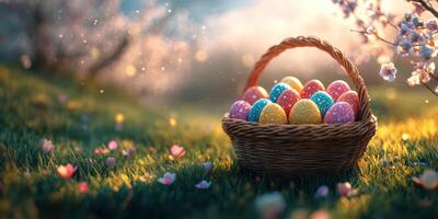 Colorful Easter eggs in a woven basket on a sunny spring afternoon in a blooming garden photo