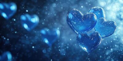 Colorful blue hearts floating in a dreamy background filled with shimmering light particles photo