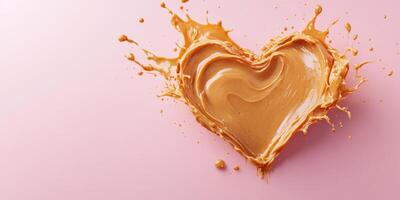 Heart-shaped splash of creamy peanut butter on a pastel pink background creates a playful and artistic expression of love photo