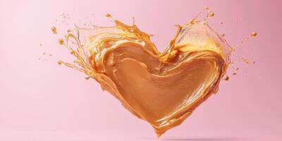Heart-shaped splash of creamy peanut butter creates a playful and artistic display against a soft pink background photo