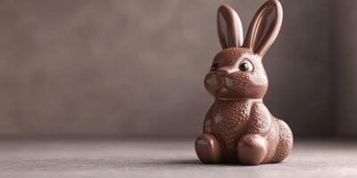 Chocolate bunny rests on a smooth surface in a softly lit setting during a spring celebration photo