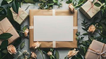 Present boxes with card and rose flowers banner background copy space. Wedding ceremony invitation image backdrop empty. Holiday greeting concept composition top view, copyspace photo