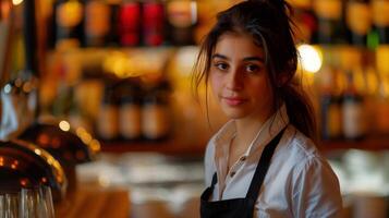 Young female bartender in black apron behind warmly lit bar portrait image. Bottles glasses barwoman picture photorealistic photography. Coffeeshop occupation concept photo realistic