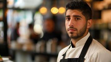 Determined chef in white uniform and apron stands confidently portrait image. Culinary professional picture photorealistic photography. Fine dining occupation concept photo realistic