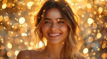 Pretty caucasian woman with wavy hair smiling under confetti rain portrait image. Happy young female in shimmer picture photorealistic photography. Beauty concept photo realistic