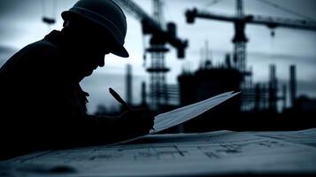 Silhouette engineer reviewing plans at construction site image. Worksite blueprints, cranes in dusk photography scene realistic. Labor occupation concept photorealistic photo